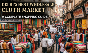 Delhi wholesale textile market with fabric wholesalers, garment shops, ethnic wear, fashion apparel, and bulk cloth shopping