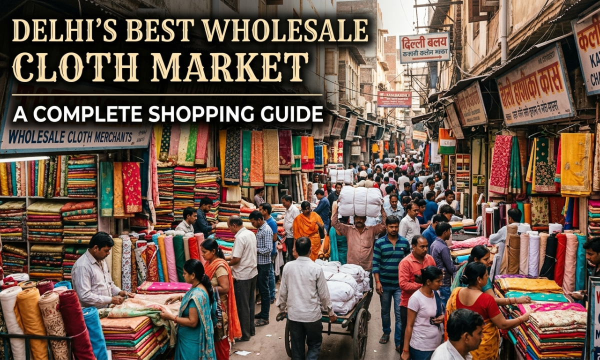 Delhi wholesale textile market with fabric wholesalers, garment shops, ethnic wear, fashion apparel, and bulk cloth shopping